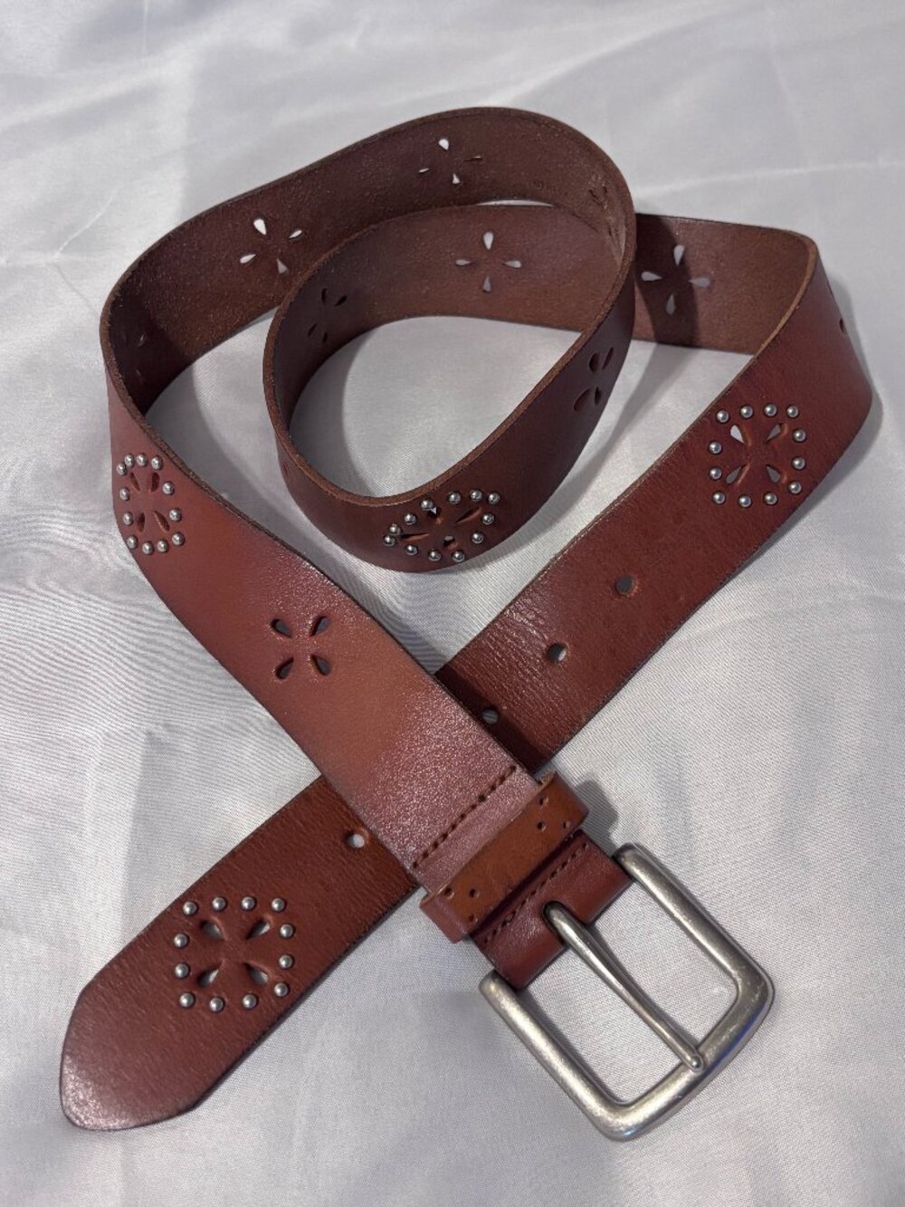 Brown Genuine Leather Studded Cutout Silver Buckle Belt Western Boho Floral Wide